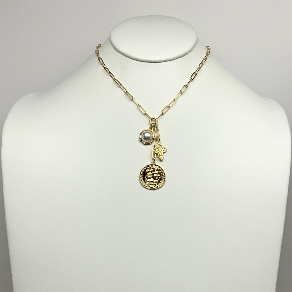 Coin w/Cross Pendant Charms Necklace
