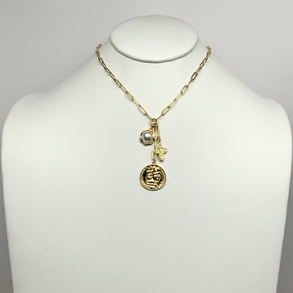 Coin w/Cross Pendant Charms Necklace