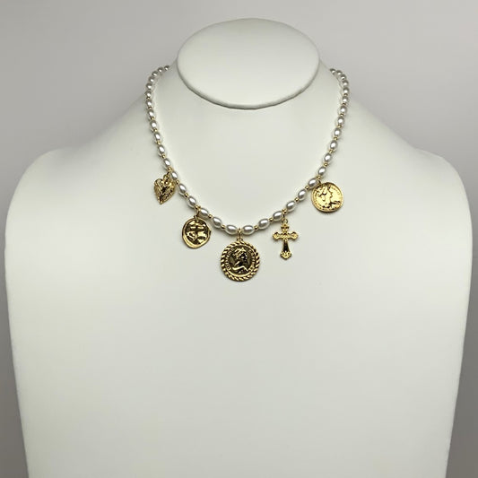 Pearl w/Coin and Religious Charms Necklace