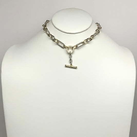 Ribbed Textured Chain w/Statement Rhinestone Design Necklace