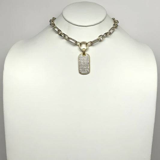 Ribbed Textured Chain w/Bling Tag Pendant Necklace