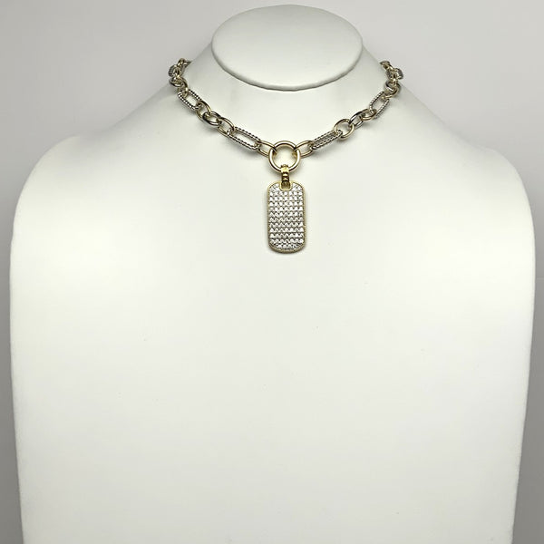 Ribbed Textured Chain w/Bling Tag Pendant Necklace