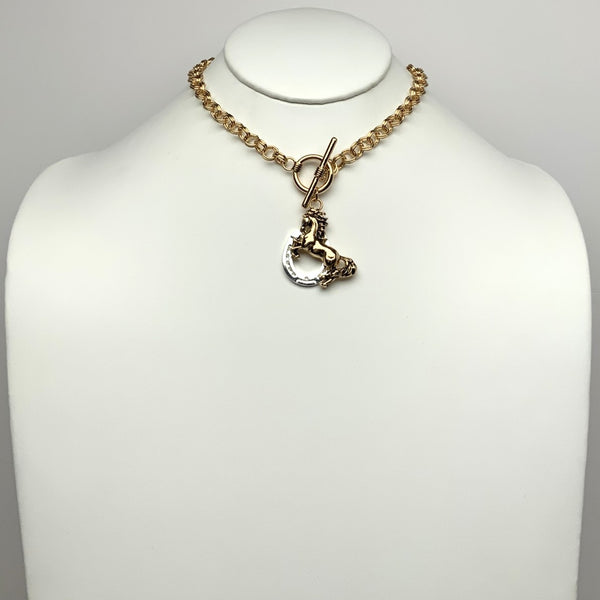 Double Chain Horse w/ Horseshoe Necklace