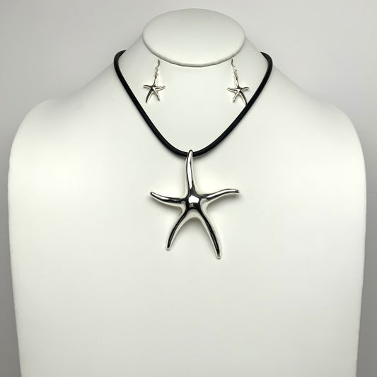 Metal Starfish Pendant Cord Necklace Set