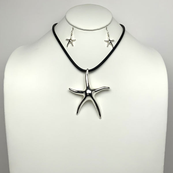 Metal Starfish Pendant Cord Necklace Set