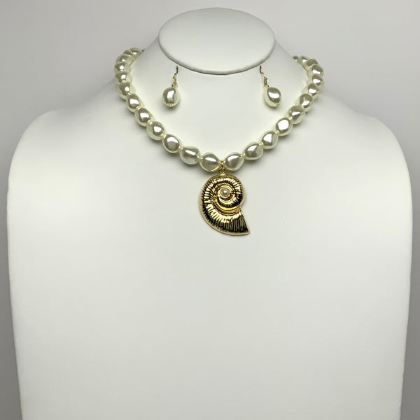 Pearl Bead Shell Pendant Necklace Set
