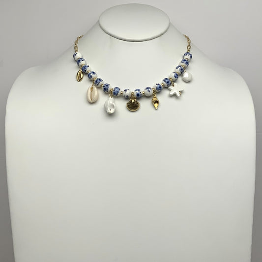 Porcelain Flower Print Beaded Nautical Charm Necklace
