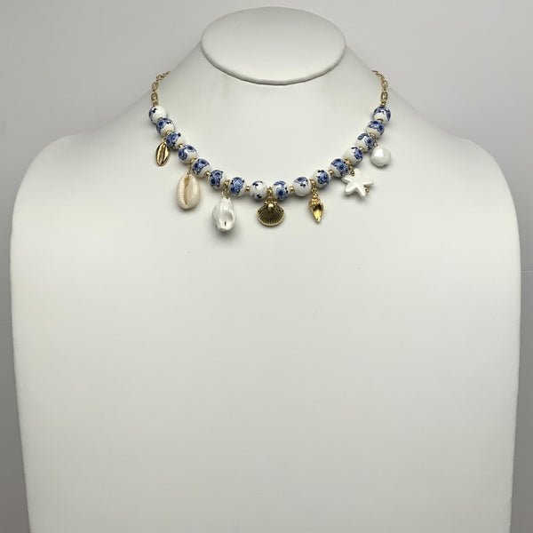 Porcelain Flower Print Beaded Nautical Charm Necklace