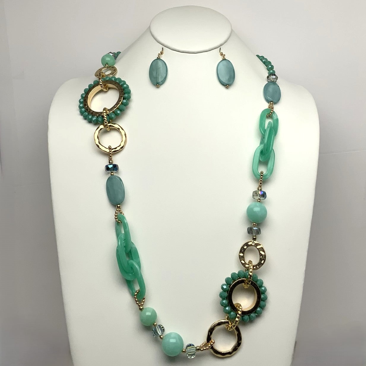 Long Crystal Beaded Lucite Metal Links Necklace Set