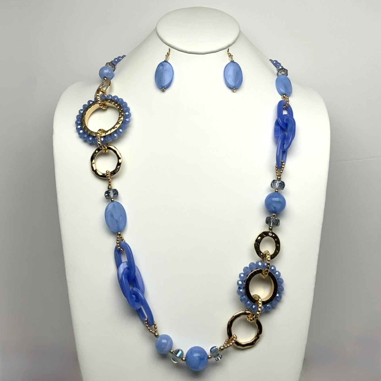 Long Crystal Beaded Lucite Metal Links Necklace Set