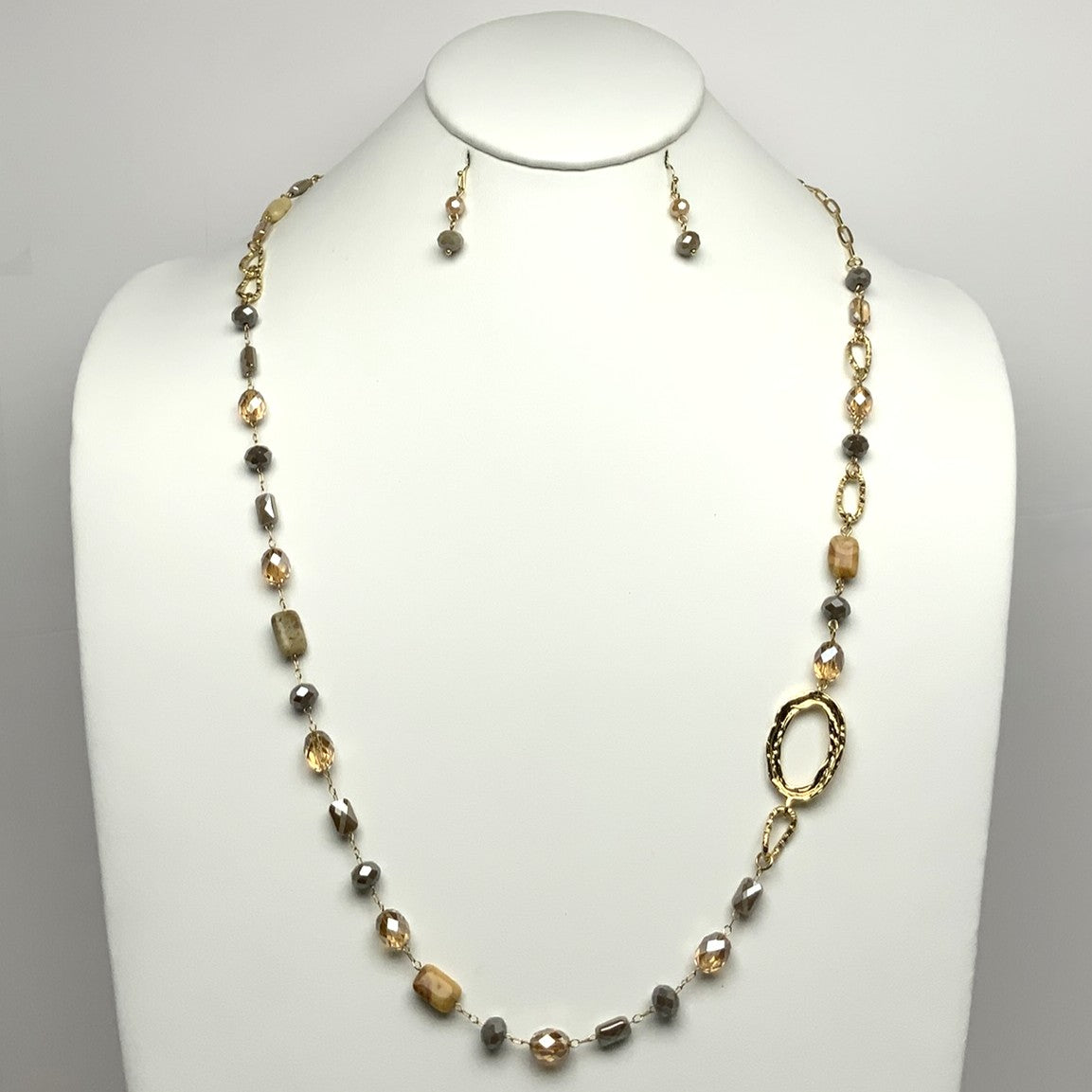 Long Crystal Textured Side Metal Oval Necklace Set