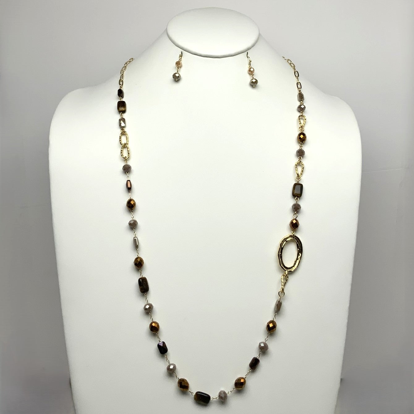 Long Crystal Textured Side Metal Oval Necklace Set