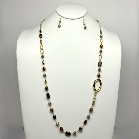 Long Crystal Textured Side Metal Oval Necklace Set