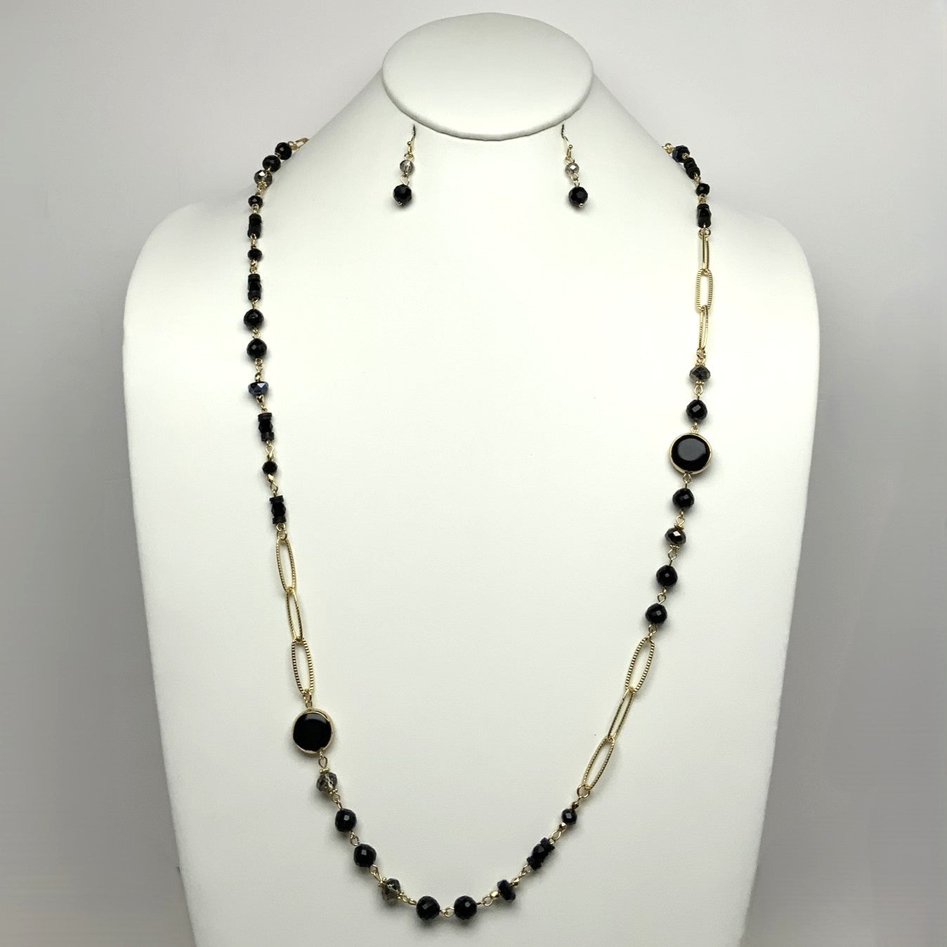 Long Crystal Flat Bead Necklace Set