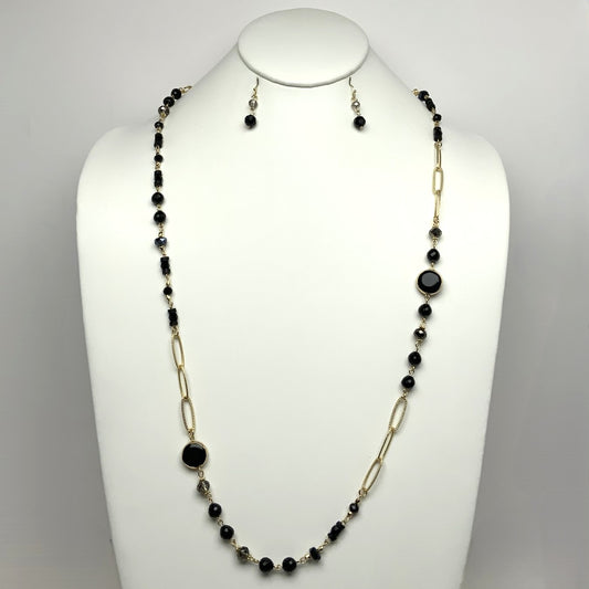 Long Crystal Flat Bead Necklace Set