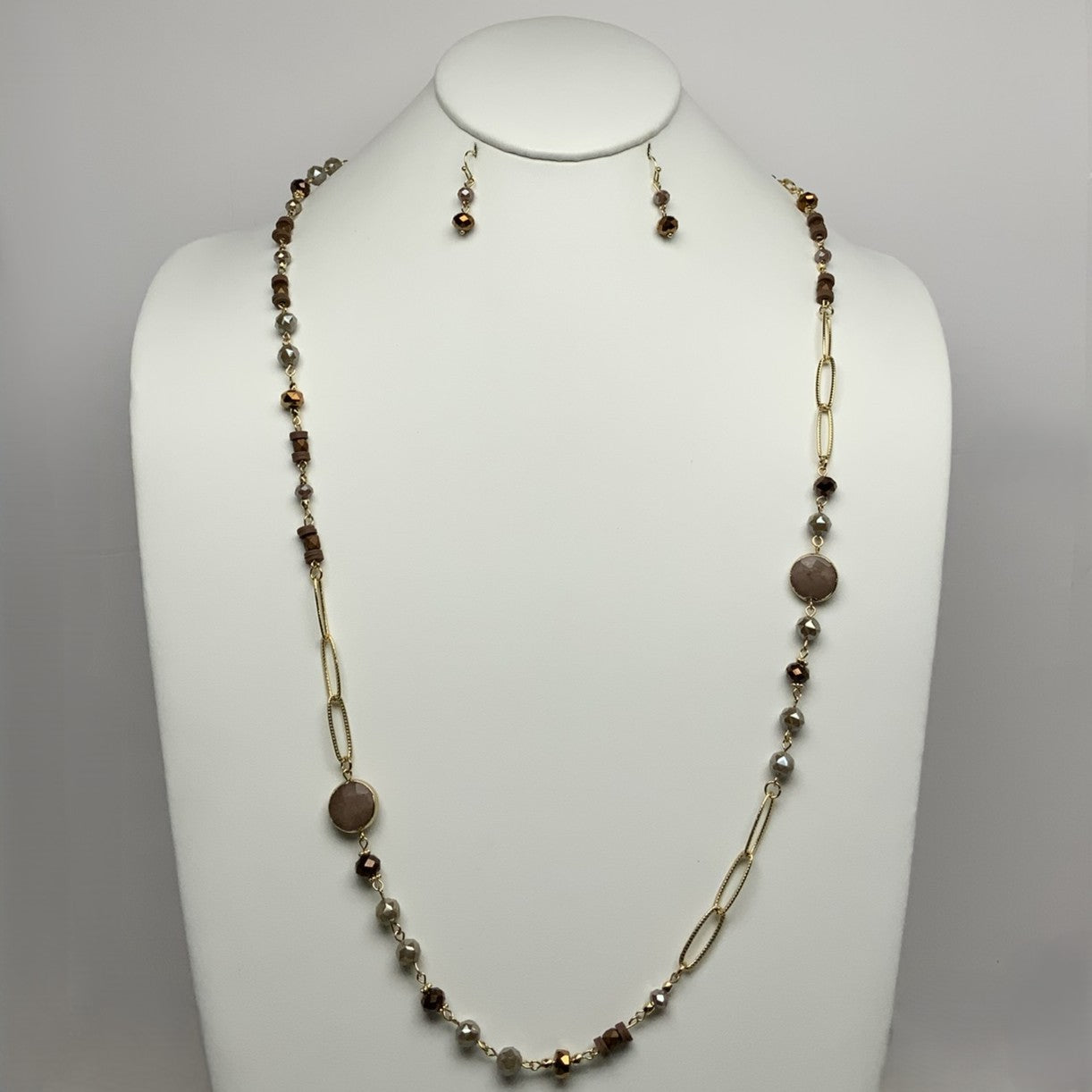 Long Crystal Flat Bead Necklace Set