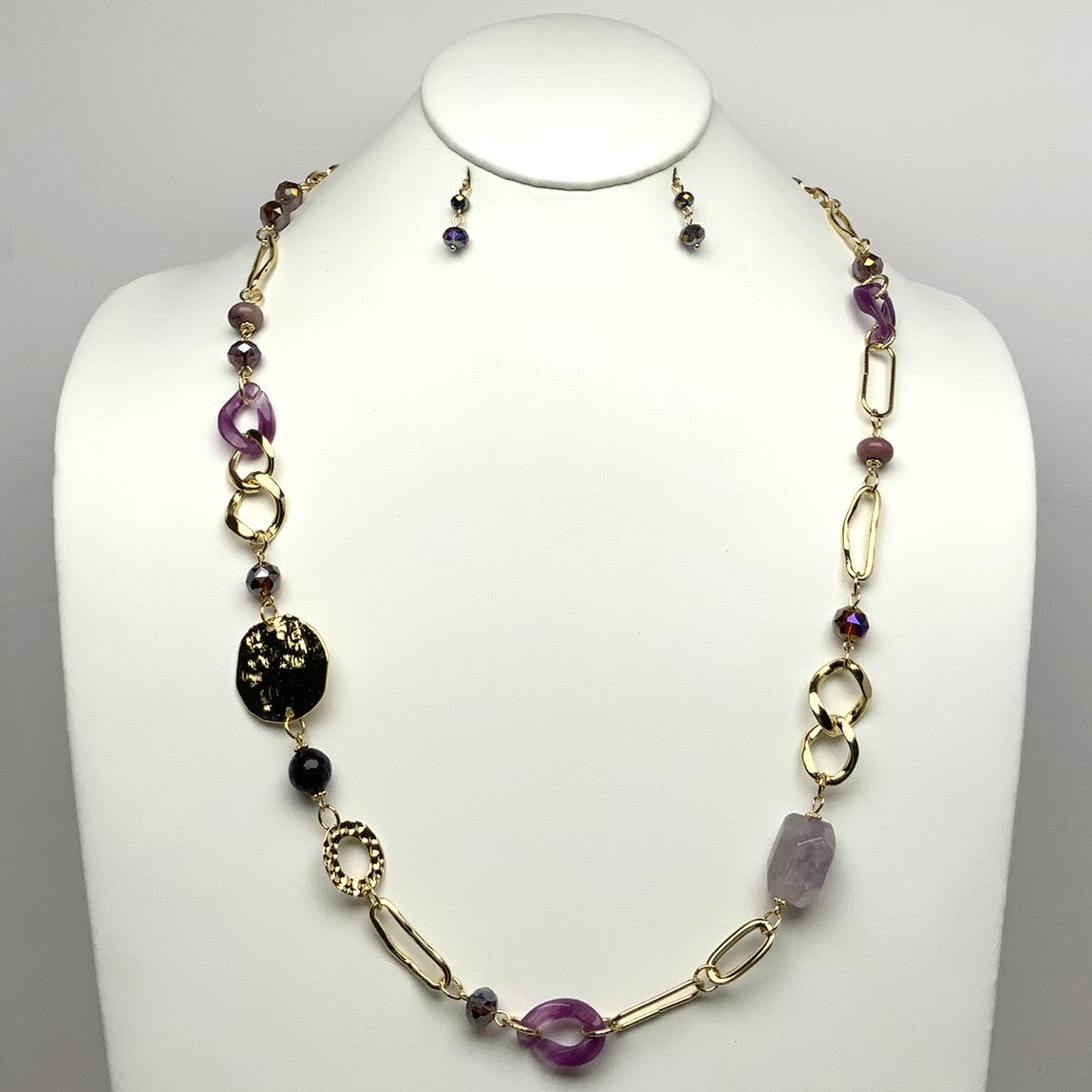 Long Lucite Crystal Metal Chain Necklace Set