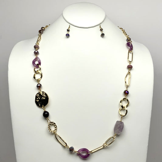 Long Lucite Crystal Metal Chain Necklace Set