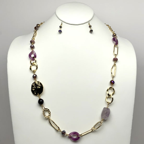 Long Lucite Crystal Metal Chain Necklace Set