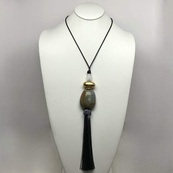 Adjustable Cord Lucite Stone Tassel Drop Necklace