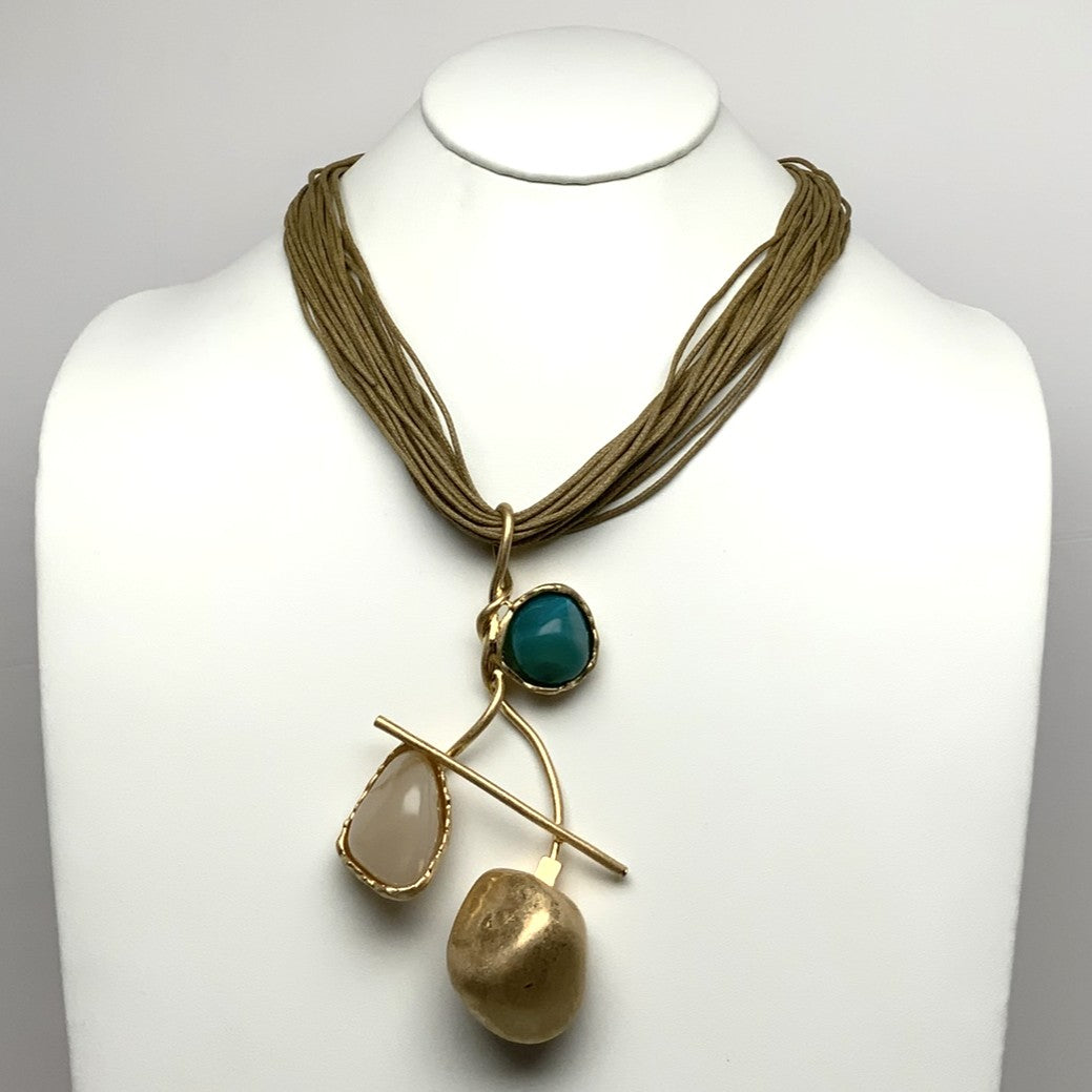 Layered Cord Metal Branch Lucite Drop Necklace
