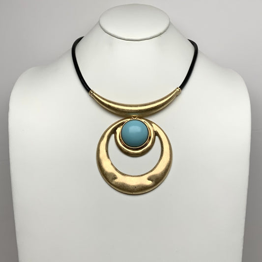 Faux Leather Cord Bib Style Metal Circle Lucite Drop Necklace