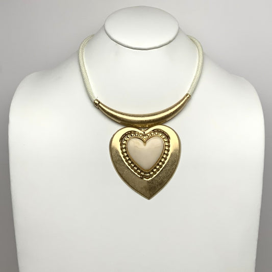 Fabric Cord Metal Heart Lucite Drop Necklace