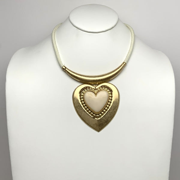 Fabric Cord Metal Heart Lucite Drop Necklace