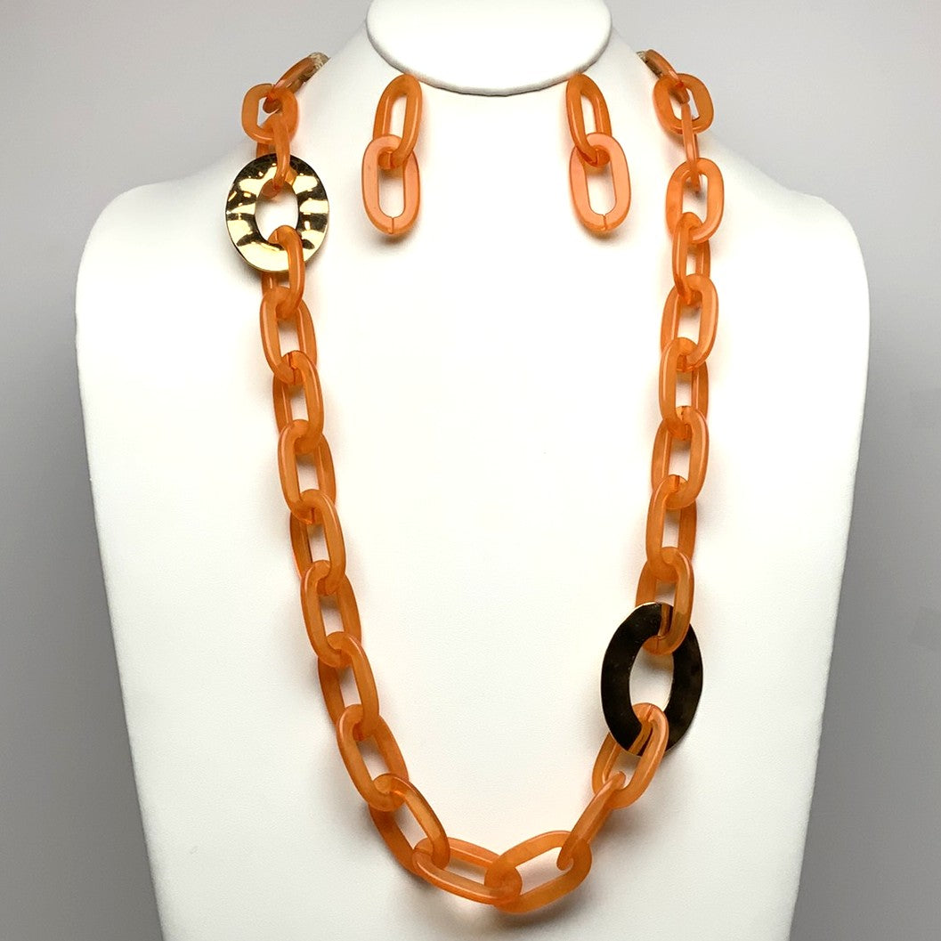 Long Vinyl Cords with Lucite/Acrylic and Metal Chain Link Necklace Set