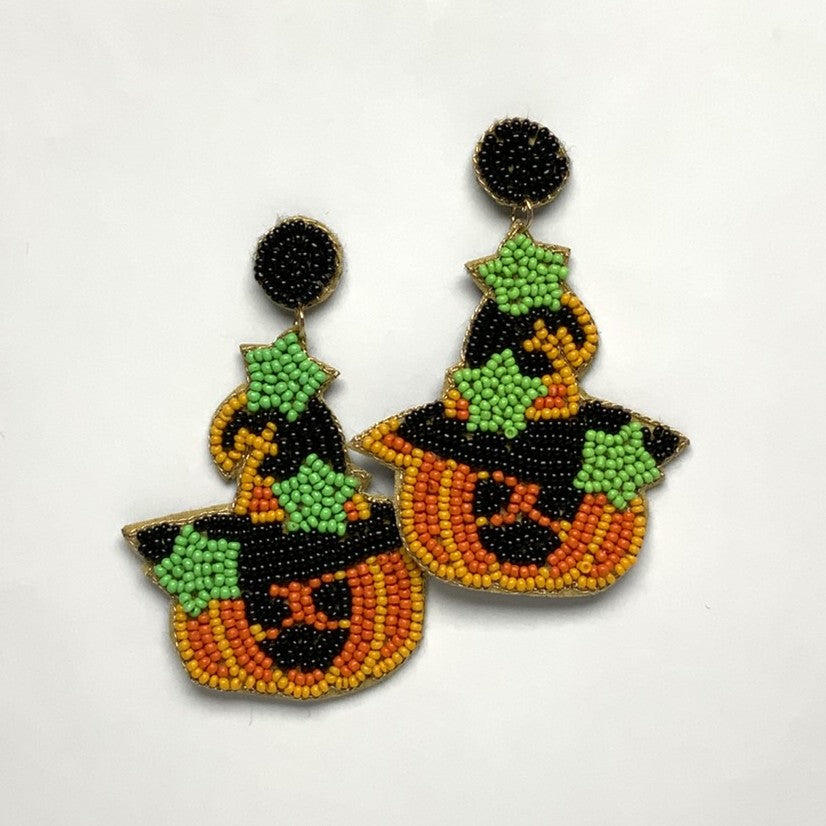 Beaded Witch Jack O Lantern Earrings