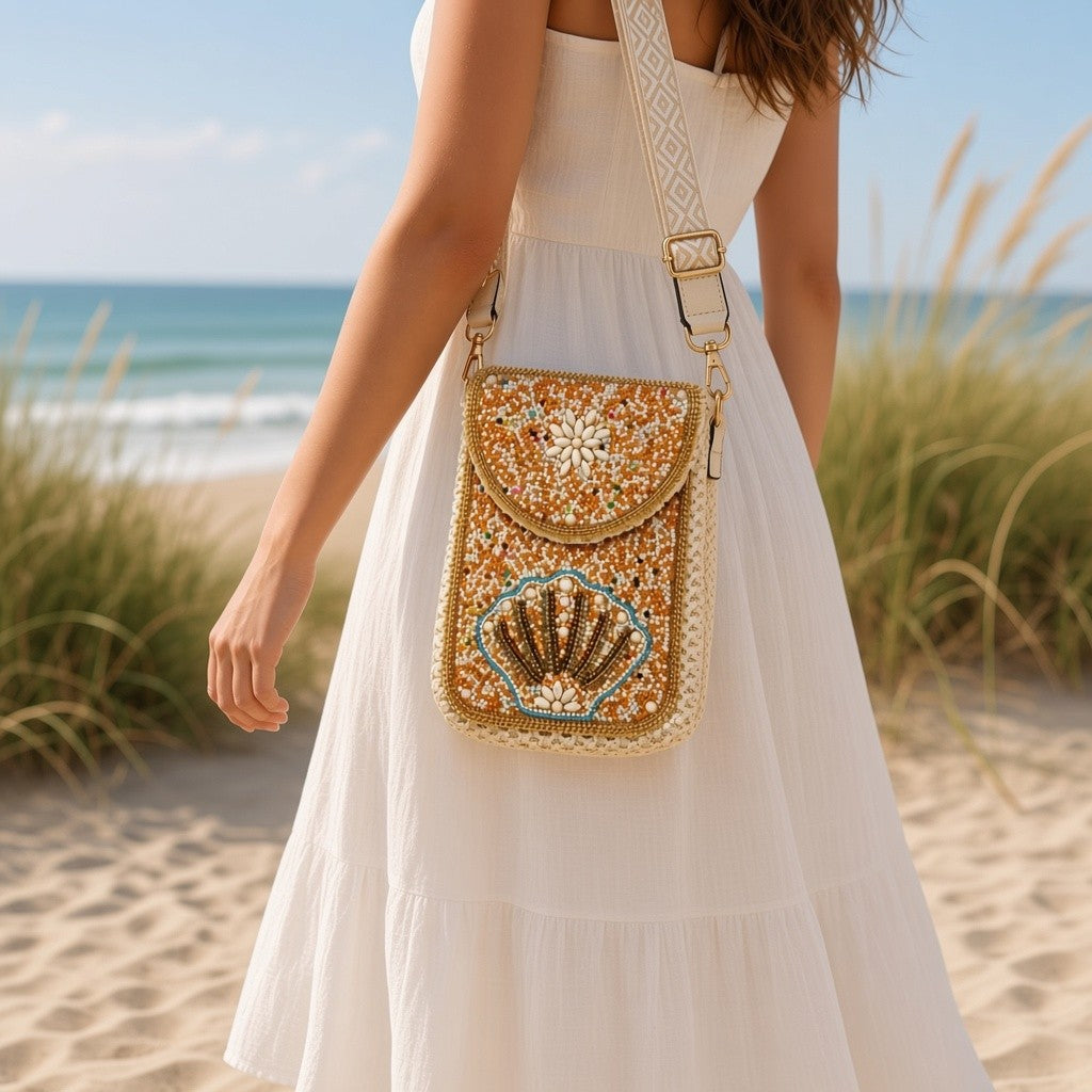 Beaded Seashell Starfish Envelope Bag