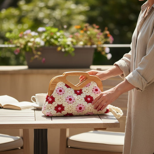 Crocheted Flower Pattern Wood Handbag