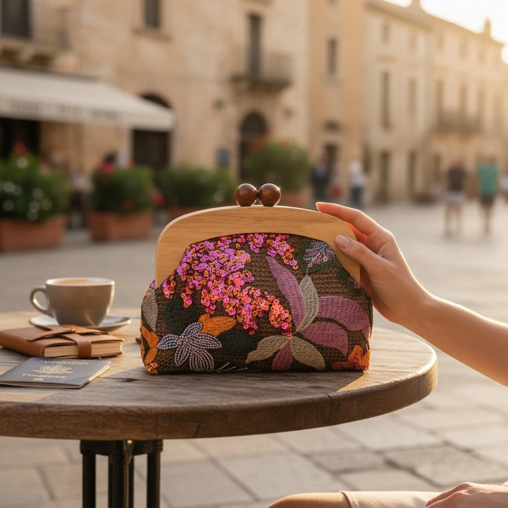 Botanical Sequins Pouch Wooden Magnetic Clutch
