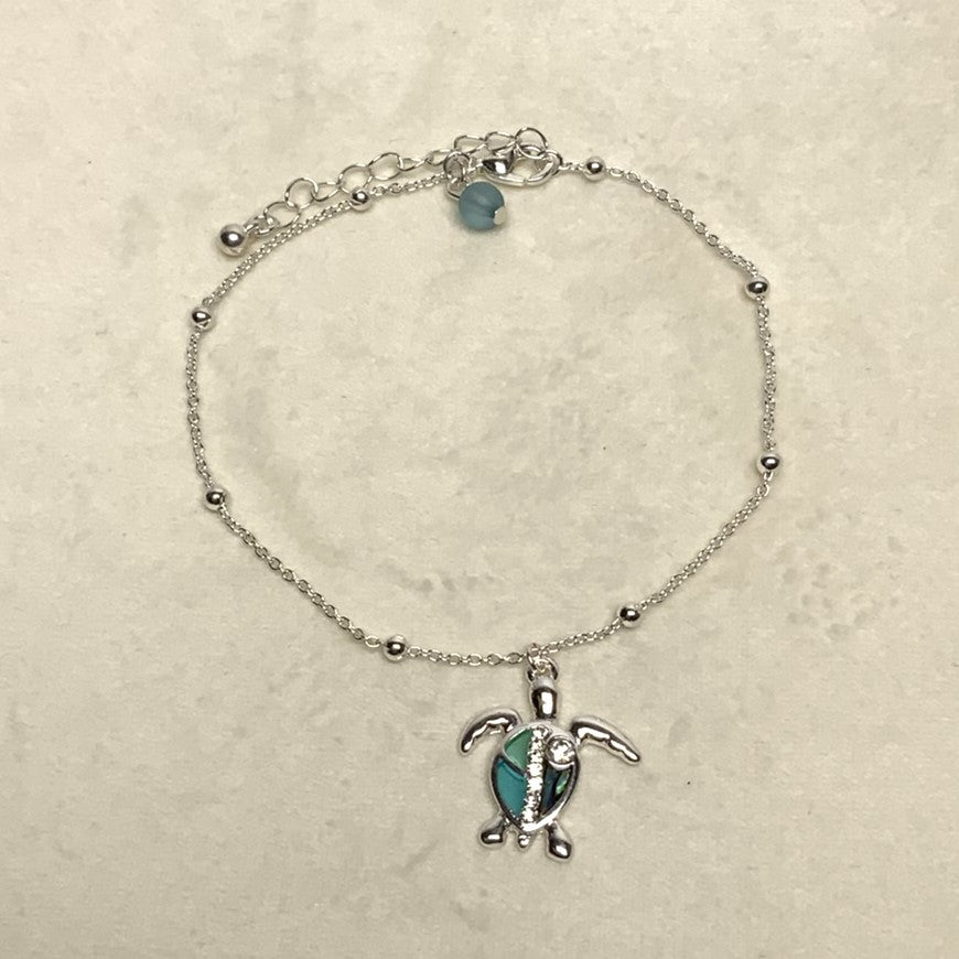 Rhinestone and Abalone Sea Glass/Stain Glass Look Turtle Anklet