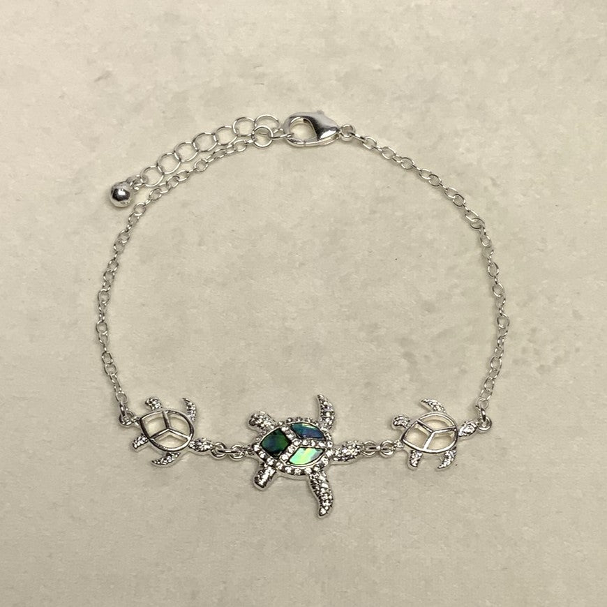Abalone, Rhinestone, Metal Three Turtles Anklet