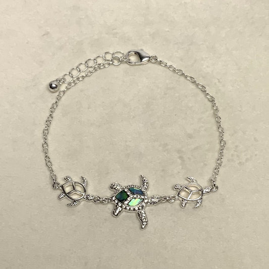 Abalone, Rhinestone, Metal Three Turtles Anklet