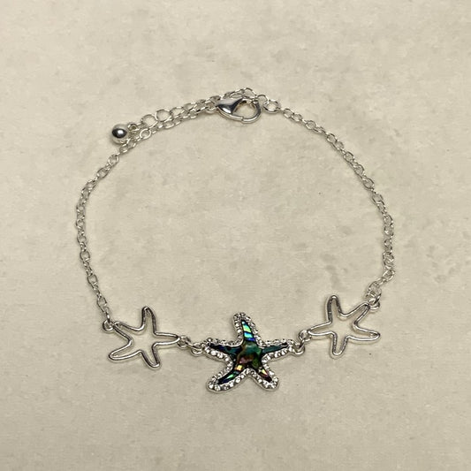 Abalone, Rhinestone, and Metal Three Starfish Anklet