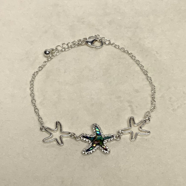 Abalone, Rhinestone, and Metal Three Starfish Anklet