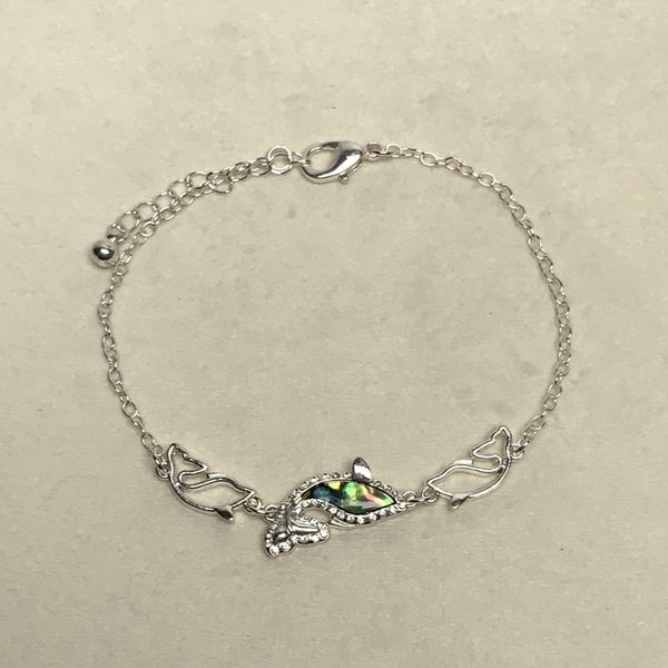 Abalone, Rhinestone and Metal Three Dolphin Anklet