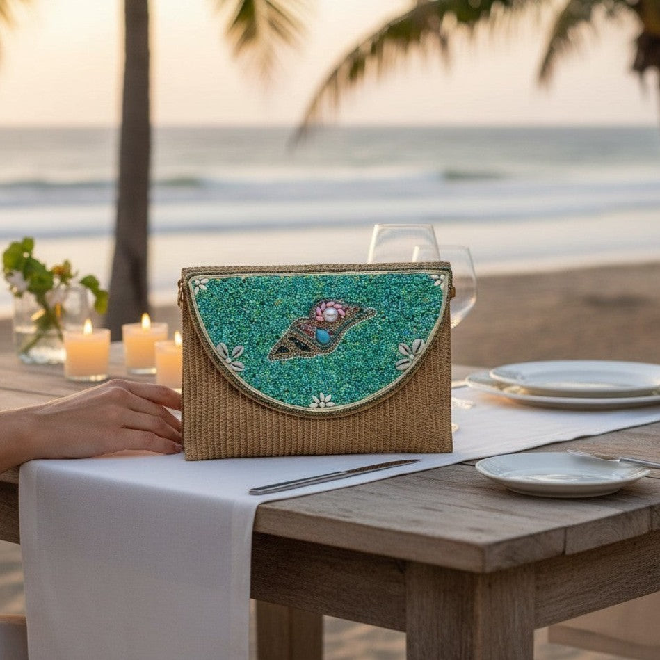 Beaded Shell Fold Over Handbag