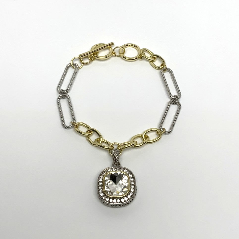 Designer Look Chain Link Square CZ Charm Toggle Bracelet
