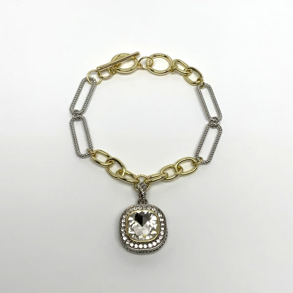 Designer Look Chain Link Square CZ Charm Toggle Bracelet