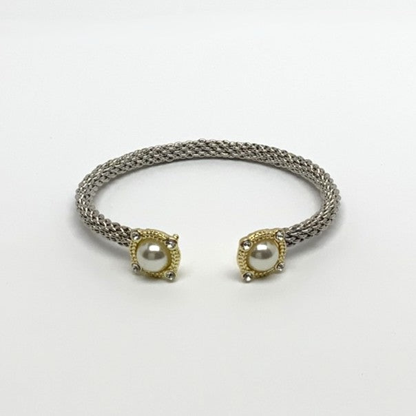 Pearl and CZ Mesh Designer Look Cuff Bracelet
