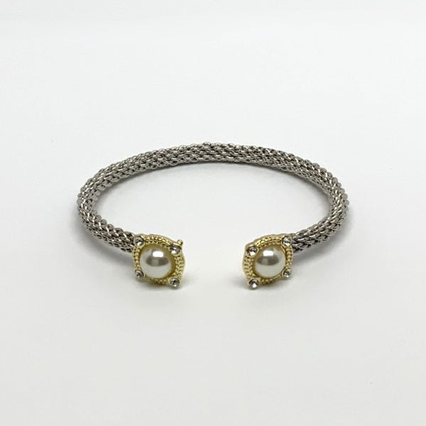 Pearl and CZ Mesh Designer Look Cuff Bracelet