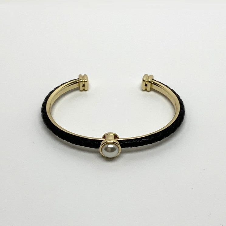 Leather Braided Designer Look Pearl Cuff Bracelet