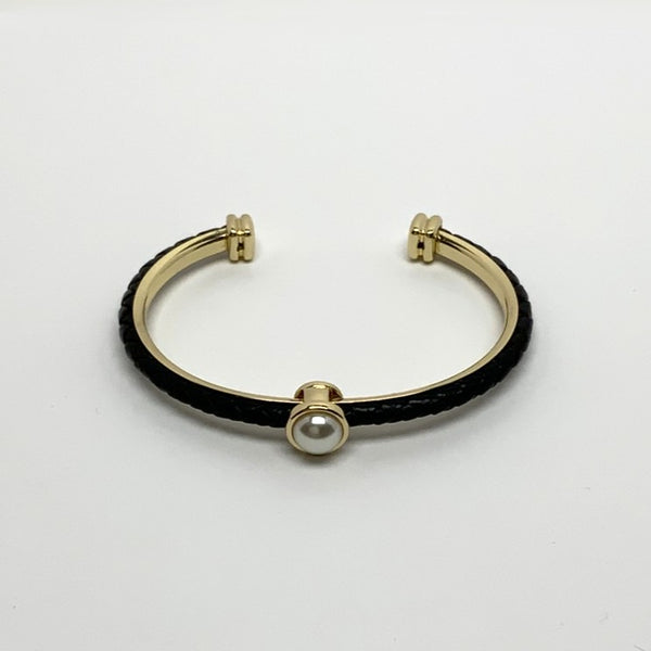 Leather Braided Designer Look Pearl Cuff Bracelet