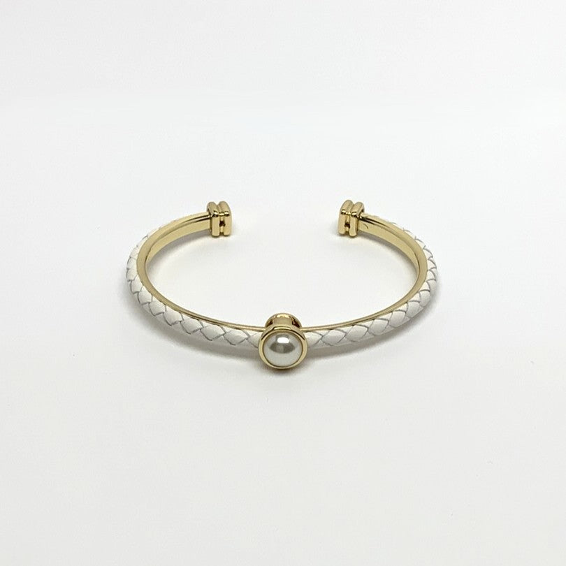 Leather Braided Designer Look Pearl Cuff Bracelet