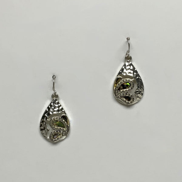 Metal Hammered Abstract Tear Drop with Abalone Earring