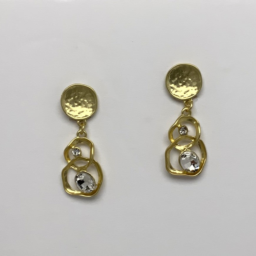 Hammered Metal and Bling Wavy Circles Three Tier Drop Clip Earring