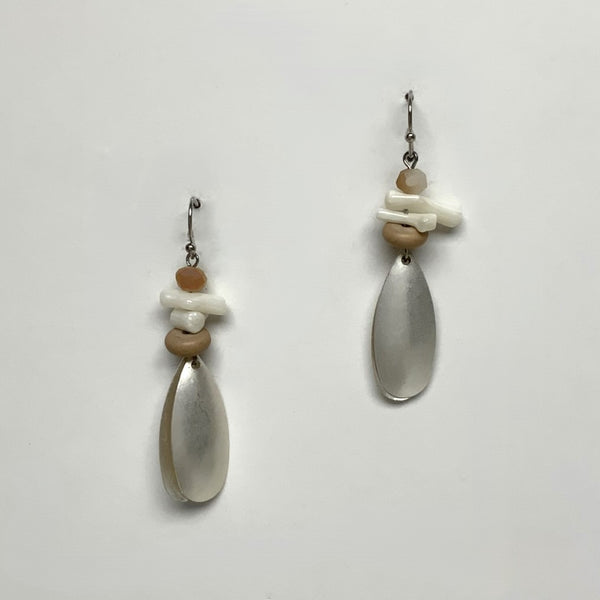 Metal Tear Drop Dangle Earring with Wood and MOP Nuggets